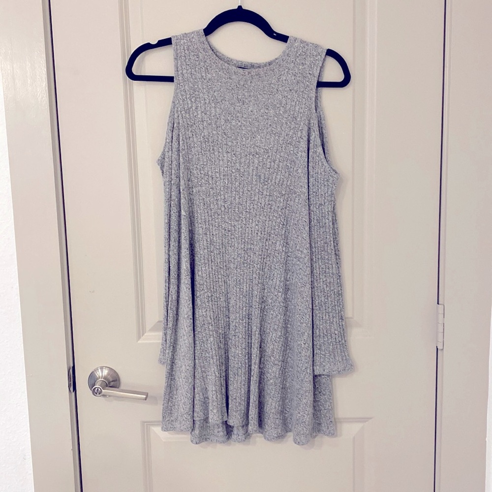 Gray sweater dress. Sleeves show shoulders.